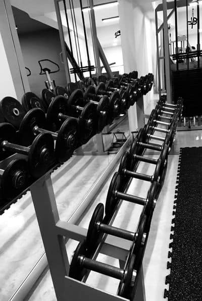 line of weights on a rack